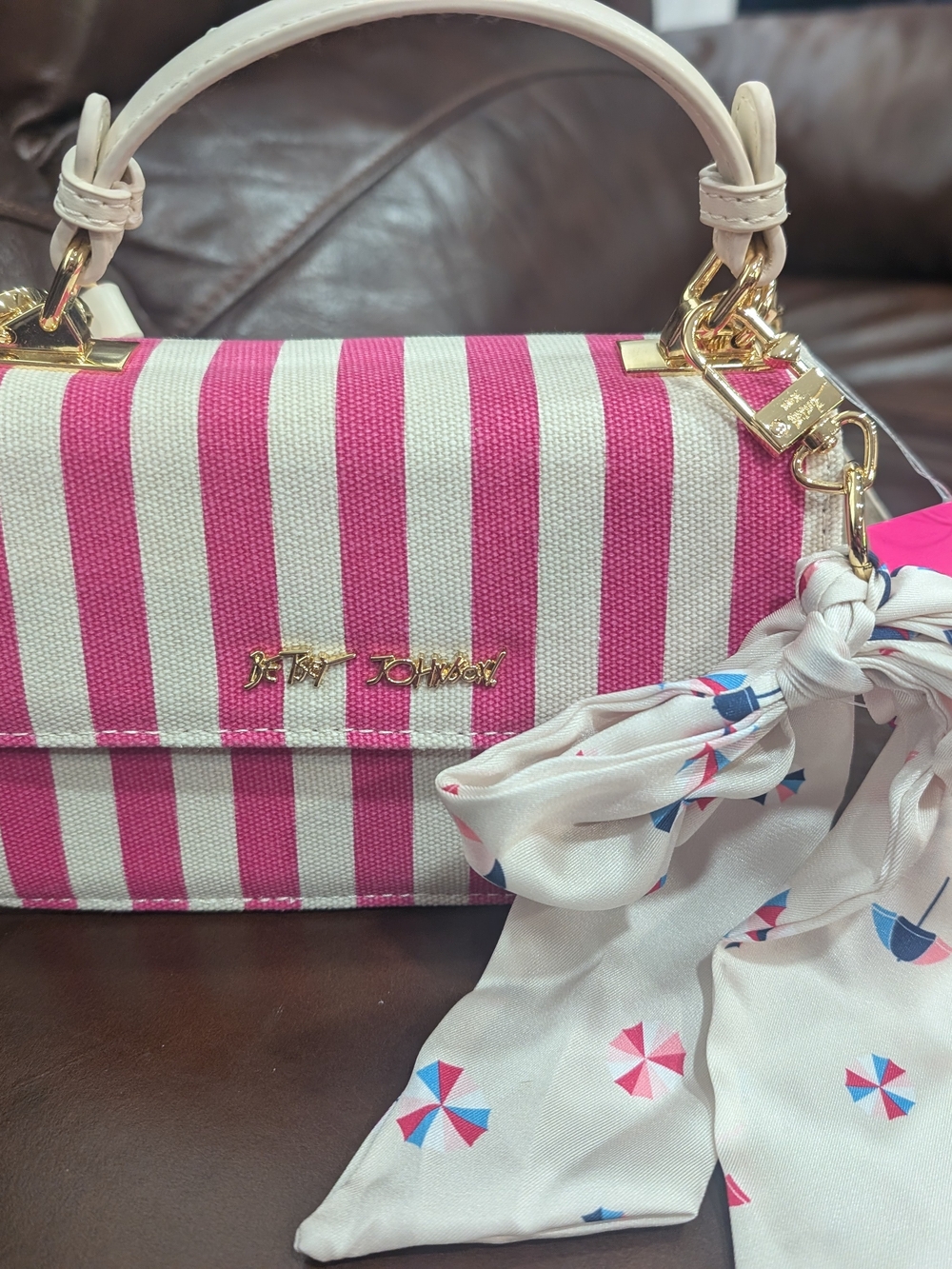 Betsey Johnson Pink and White Striped Top-Handle Satchel with Scarf Charm